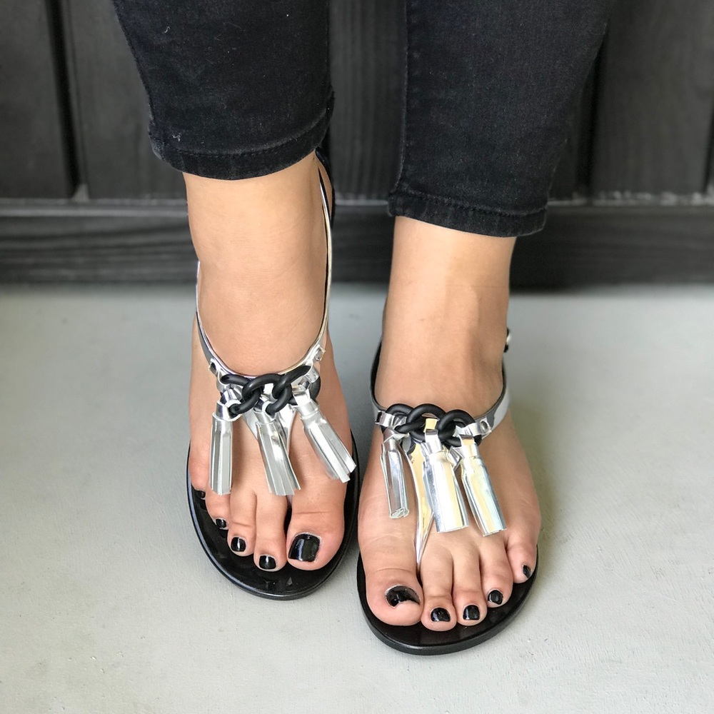 Silver Thong Tassel Kitten Heel Jelly Sandals - Picture 5 of 6